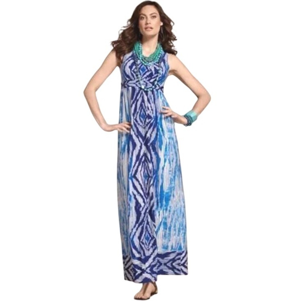 Chico's Womens Blue Haze Bonnie Maxi Dress Size 1/ Medium V-neck Sleeveless Boho
